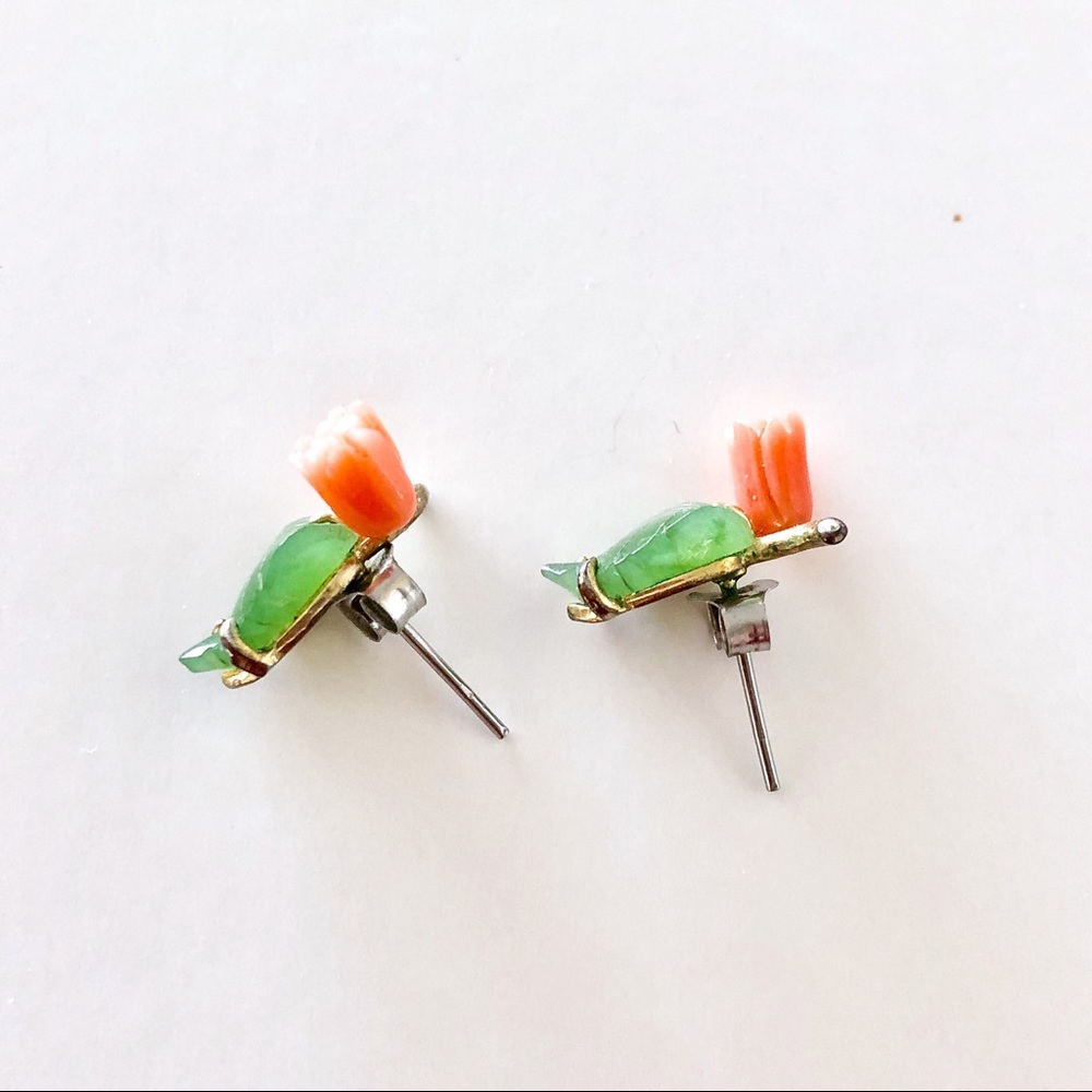 Carved Jade and Coral Stud Earrings - Picture 8 of 9